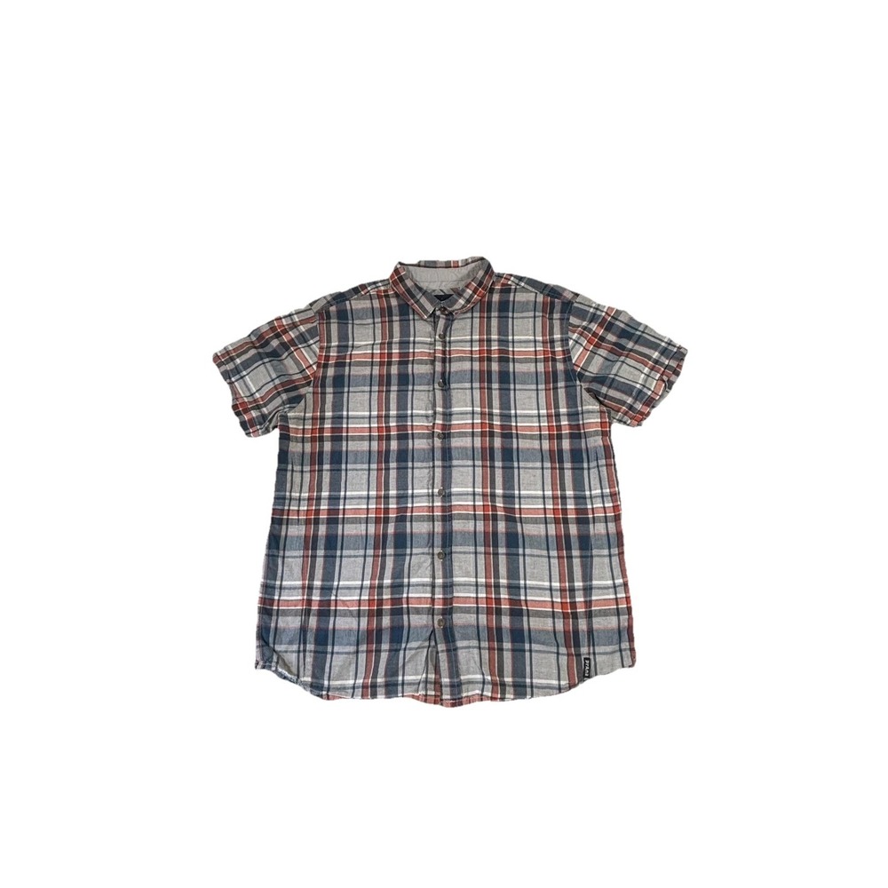 PrAna Shirt Mens XL Gray‎ Plaid Organic Cotton Short Sleeve Button Front Casual